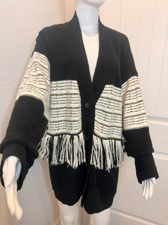 Peace Love World Sweaters - Peace Love World Cozy Fringe Open Front Cardigan Sweater Black & Ivory Large